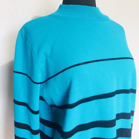 Karen Lessly Sweater Mock Neck Stripes Turquoise - Picture 3 of 4